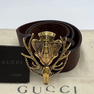 GUCCI Deer Crest Brown Gold Hebilla 80/32 Cinturón de cuero, usado sin caja - Imagen 1 de 4