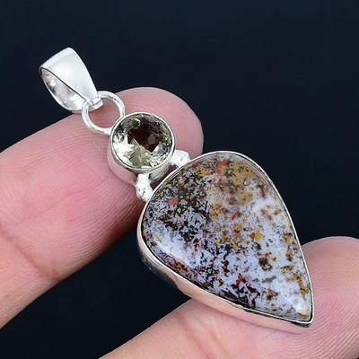 Pendente In Argento Sterling 925 Con Pietra Di Sangue E Citrino 2.05" - Immagine 1 di 4