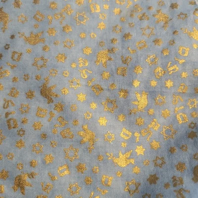 Hebrew letters Judaica metallic gold lt blue cotton quilting fabric Shalom .83yd - Image 1 of 4