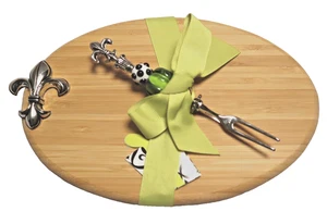 Fleur De Lis Bamboo Cutting Board Set with Beaded Fork 10" by Mud Pie - Picture 1 of 5