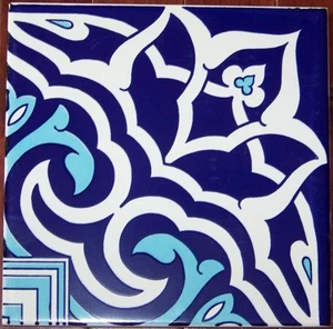 Floral & Geometric 8"x8" Turkish Ottoman Blue & White Ceramic Tile BORDER CORNER - Picture 1 of 1