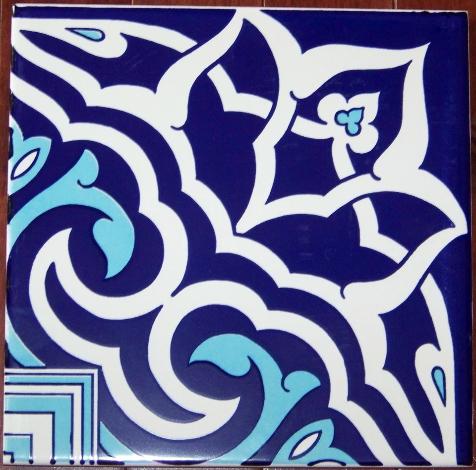 Floral & Geometric 8"x8" Turkish Ottoman Blue & White Ceramic Tile BORDER CORNER - Image 1 of 1