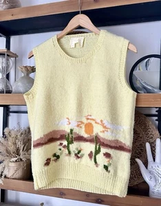 Chaleco Suéter Amarillo Tejido Vintage Hecho a Mano Western Southwest Cactus - Imagen 1 de 6