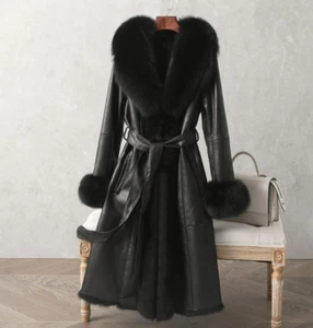 Real Fox Fur Collar Womens Rabbit Fur Lining Parkas Thicken Genuine Leather Coat - Picture 1 of 13