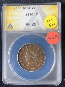 1830 Coronet Head Large Cent VF20 ANACS M285 - Picture 1 of 4