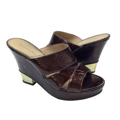 Sandalias sin cordones Tahari Flopsi talla 8,5 extensiones tacón alto cuñas cuero marrón Foto 1 de 4