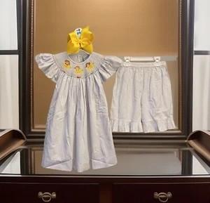 Girls NWT Remember Nguyen Smocked Shorts Set Dress Top Stripes Beach Free Bow 8 - Picture 1 of 11