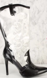 Black Embroider Detail Pointy Toe High Heel Boots Patent Faux Leather - Picture 1 of 5