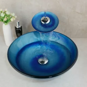 Bathroom Round Vessel Sink Tempered Glass Bowl Brass Faucet Mixer Tap&Drain Set - Picture 1 of 5