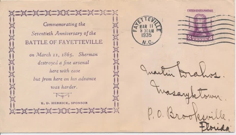 Civil War 70th Anniversary of the Battle of Fayetteville 3/11/1865 North Carolin Cover