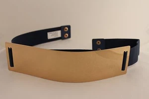Women Elastic Belt Dark Blue High Waist Gold Metal Mirror Plate Fashion Plus M L - Picture 1 of 9