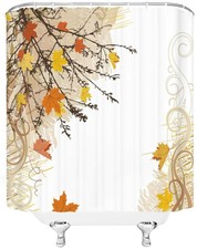 Autumn Leaves White Brown Orange Farmhouse Pretty Fabric Shower Curtain + Hooks