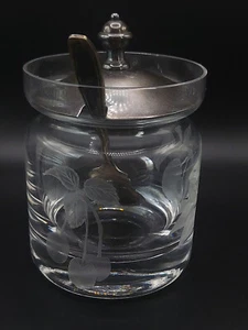 Vintage Etched Glass Condement Jar With Sterling Silver Lid & Spoon - Picture 1 of 10