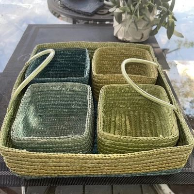 Juego de canastas tejidas de almacenamiento de 5 piezas con asas de transporte azul verde 11" Foto 1 de 4