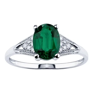 14k Solid White Gold Oval Created Emerald and Diamond Vintage Style Ring - Picture 1 of 4