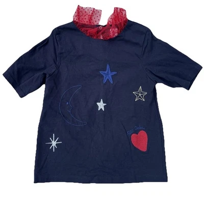 Camisa Petite Bateau Niñas 10 Años Estrellas Luna Azul Rojo Encaje Niños Foto 1 de 4