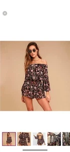 Free People Pretty And Free Black Floral Romper Cut Out Back Long Sleeve Medium - Picture 1 of 10