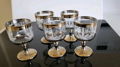 古董蚀刻Mezcal水晶啜饮龙舌兰酒眼镜5-1盎司套装 镀银 — 第 1/4 张图片