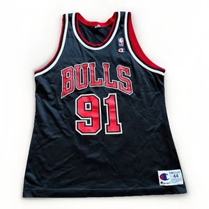 Champion Jersey Mens L 44 Chicago Bulls Rodman Black NBA 90s Vintage Jordan - Picture 1 of 8