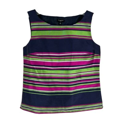 Talbots Silk Blouse Womens Size 2P Navy Pink Green Stripe Dupioni Sleeveless - Image 1 of 4
