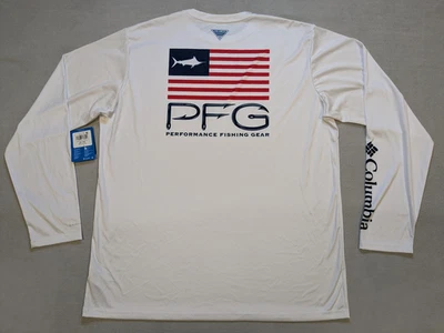 Camisa Columbia PFG Para Hombres XL Blanca Terminal Aparejo Pez Bandera de EE. UU. Manga Larga UPF Foto 1 de 4