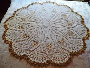 New Crochet Handmade White & Gold Centerpiece Doily with Gold Bead Accents - Picture 1 of 5