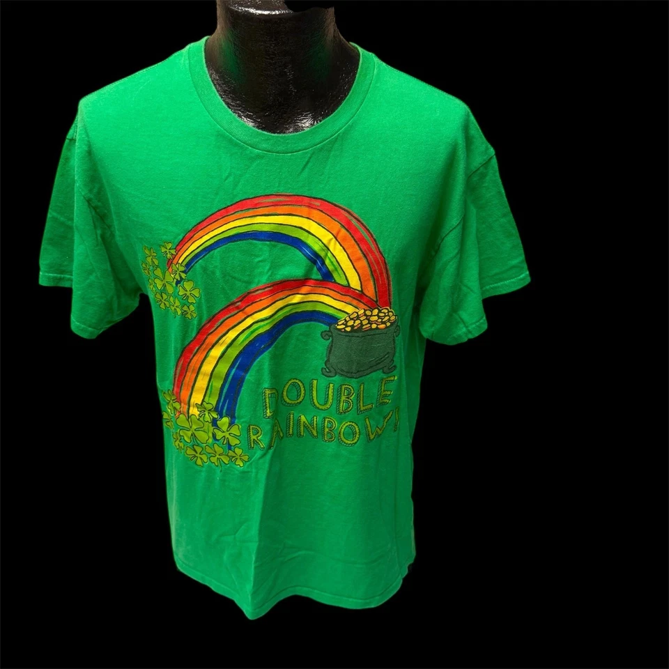 Camiseta Vintage Años 90 Y2K Para Hombre Verde Suerte Irlandesa DOBLE ARCO IRIS Olla de Oro L Foto 1 de 4