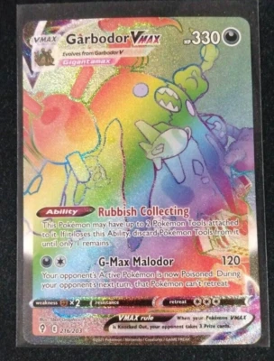Pokémon TCG Garbodor VMAX 216/203 Evolving Skies Rainbow Rare Full Art Holo NM/M - Image 1 of 3
