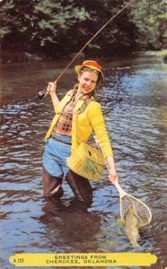 Woman Fishing Greetings From Cherokee, Oklahoma  c1950s Vintage Postcard - Picture 1 of 2