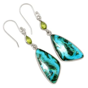 Natural Malachite In Chrysocolla & Peridot 925 Silver Earrings ALLE-18887 - Picture 1 of 1