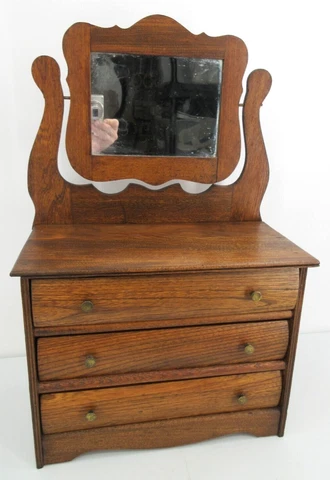 Antique Wooden Child's Dresser Salesman Sample? Swivel Mirror Original Finish Cover