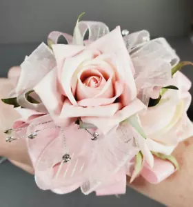 NEW Wrist Fantasy Jewelry Hand Corsage Pink Roses Flowers Bracelet Prom/ Weeding - Picture 1 of 17