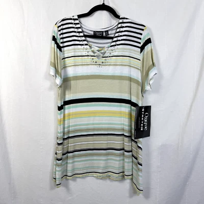 Camiseta Onque Informal Mujer Talla XL Salvia Rayas Cruzadas Tachonadas Cuello VNeeck Swing Nueva con Etiquetas Foto 1 de 4