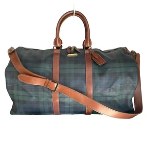 [Vintage] Ralph Lauren Leather Boston Bag Green Check Travel - Picture 1 of 14