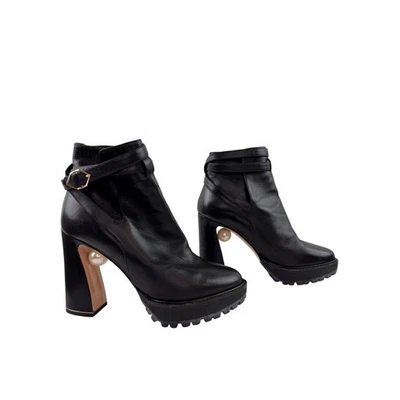 Nicholas Kirkwood Platform Booties 38 Black Leather Pearl Block Heel Ankle Boot - Image 1 of 4