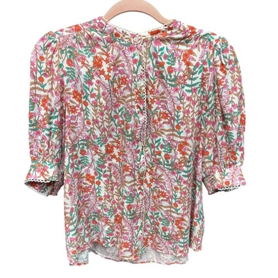 Boden Shirt Womens 10 White Pink Orange Floral Button Front Puff Sleeve - Image 1 of 4