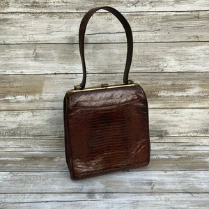 VTG Reptile Exotic Leather Purse Brown Framed Handbag Gold Tone Retro Animal 50s - Picture 1 of 10