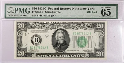Series Of 1934 C $20 Small Size Note FRN New York Fr#2057-B PCGS Gem UNC 65 EPQ - Image 1 of 2