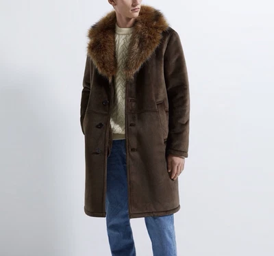 ZARA MENS BROWN SHEARLING COAT FAUX FUR COLLAR MEDIUM 40 UK/USA 50 IT NEW + TAG - Image 1 of 4