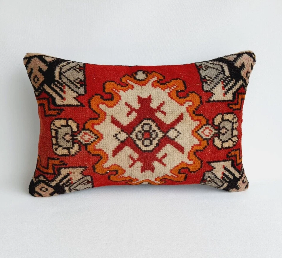 decorative rustic turkish wool rug pillow cover , 16x24 inches red and black - Image 1 of 4