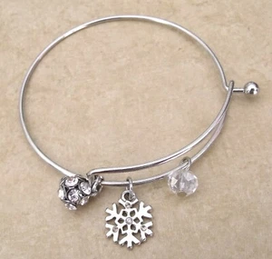 New Christmas Bangle with snowflake crystal rhinestone ball charms - Picture 1 of 3