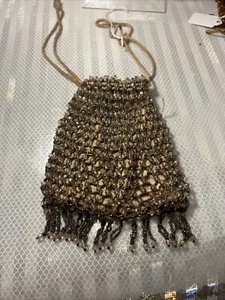 Antique Micro Beaded Mesh Purse Victorian Art Nouveau Elegant Drawstring 5” X 6” - Picture 1 of 8