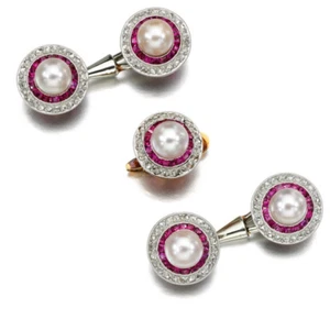 Vintage Art Deco Pearl, Red Ruby & CZ Cufflinks & One Dress Button In 935 Silver - Picture 1 of 4