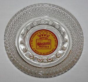 Best Western Motels Ashtray Round Clear Glass Hobnail Bead Red Yellow Crown Logo