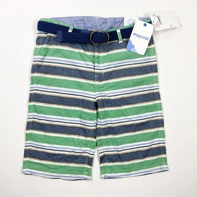 NEW! Mayoral Boys Sz 9 Shorts Belt Blue Green Stripe Preppy Adjustable Waist - Image 1 of 4
