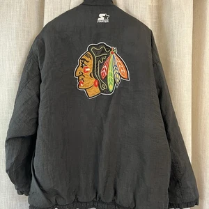 Vtg 90’s Chicago Blackhawks Starter Puffer Coat Black Sz XL NHL Hockey Mens - Picture 1 of 19