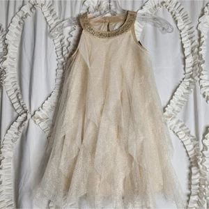 New Tahari Girls Tiered Dress Gold Ruffle Holiday Sparkly Jewel Neckline Sz 5 - Picture 1 of 5