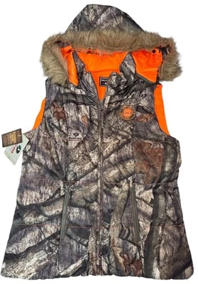 Colete acolchoado feminino novo com etiquetas meninas com armas carvalho musgoso tamanho grande camuflado e laranja vibrante - Imagem 1 de 4