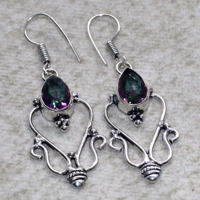Mystic Topaz 925 Silver Plated Handmade Earrings 2" Exquisite Gift GW - Image 1 of 3