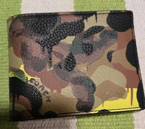 NWT COACH Neon Yellow Brown Camo Slim Leather Billfold Wallet - Picture 1 of 12